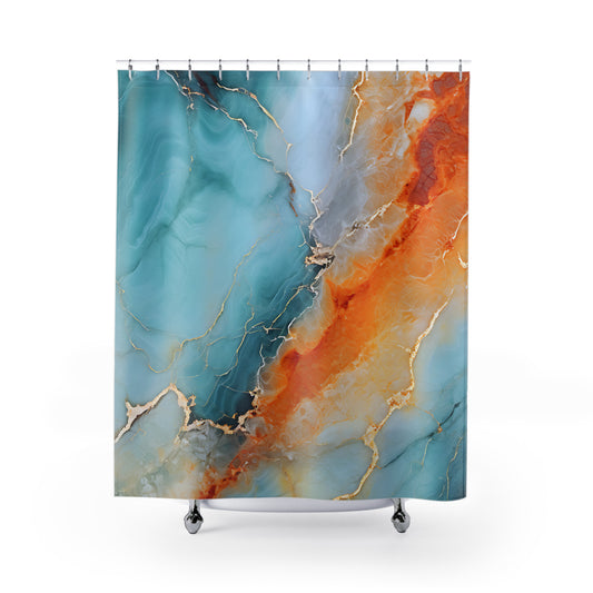 Abstract Blue Orange Marble Shower Curtain – Turquoise & Coral Bathroom Decor