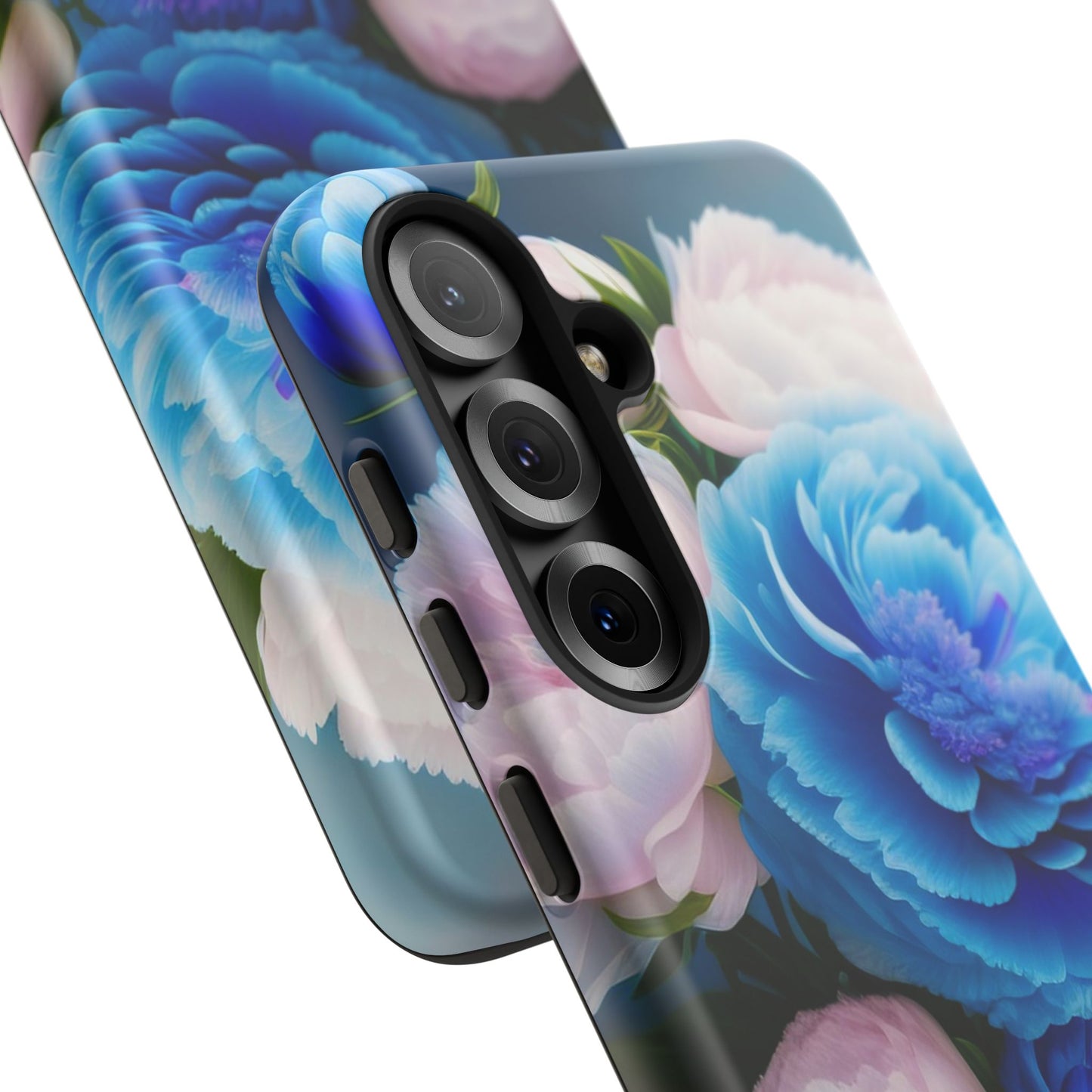 Floral Blue Peony Phone Case — Protective Tough Case with Pink & Blue Blooms