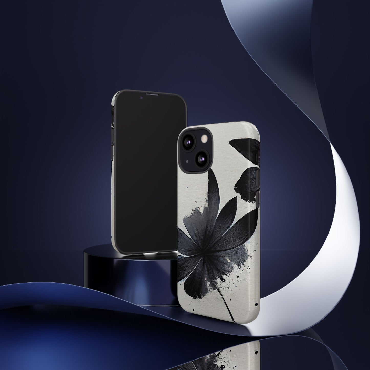 Monochrome Floral Tough Phone Case — Black Ink Flower Protective Cover