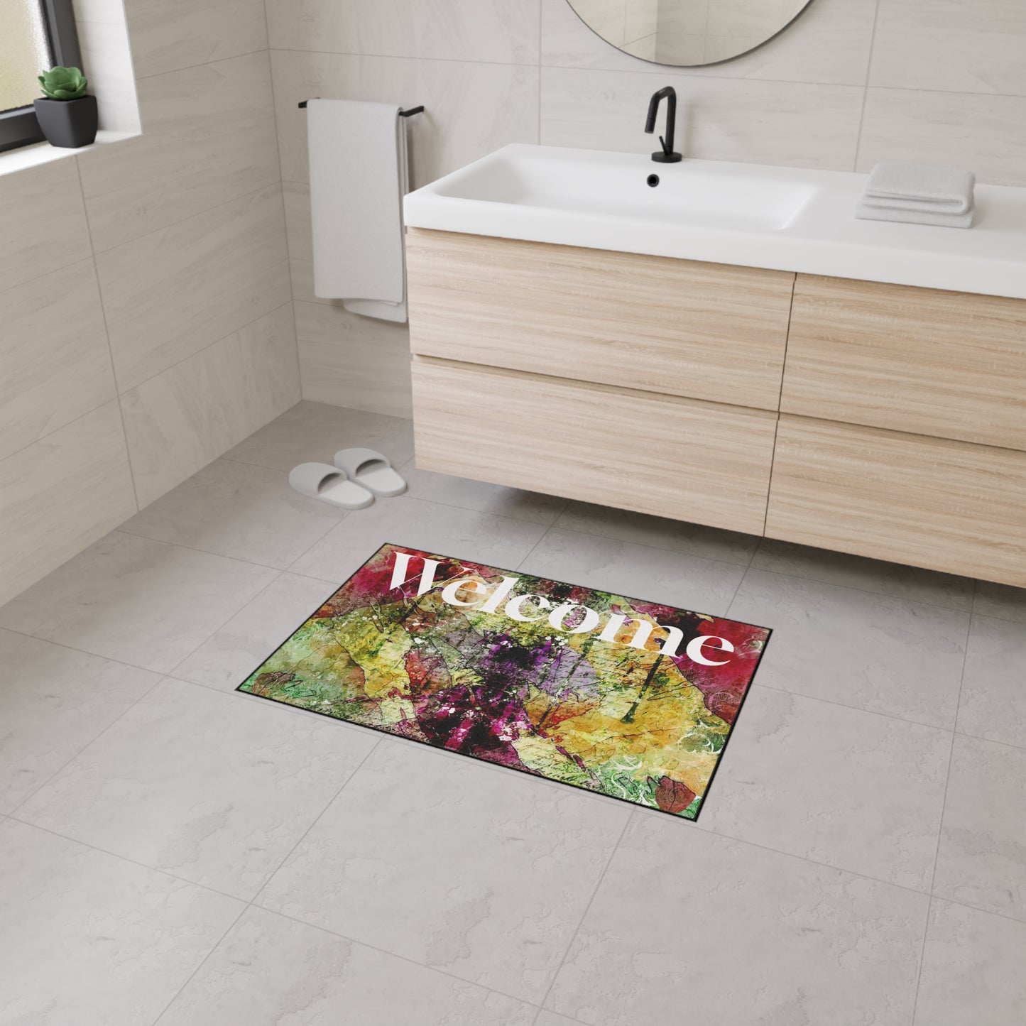 Welcome Floral Heavy Duty Floor Mat — Colorful Abstract Entry Rug