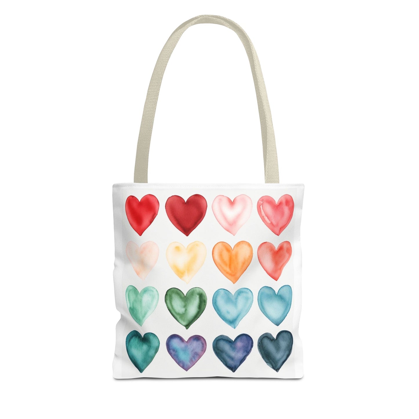 Watercolor Rainbow Hearts Tote Bag — Colorful Heart Pattern Beach & Market Tote