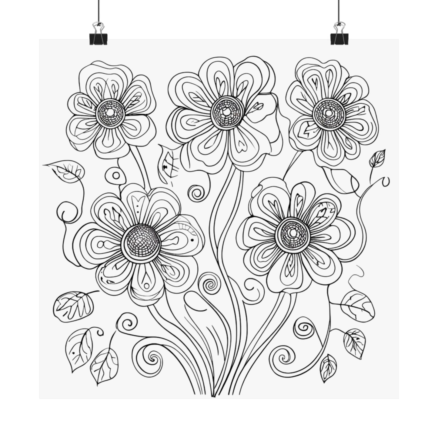 Floral Line Art Poster — Black & White Daisy Bouquet Matte Print - DIY