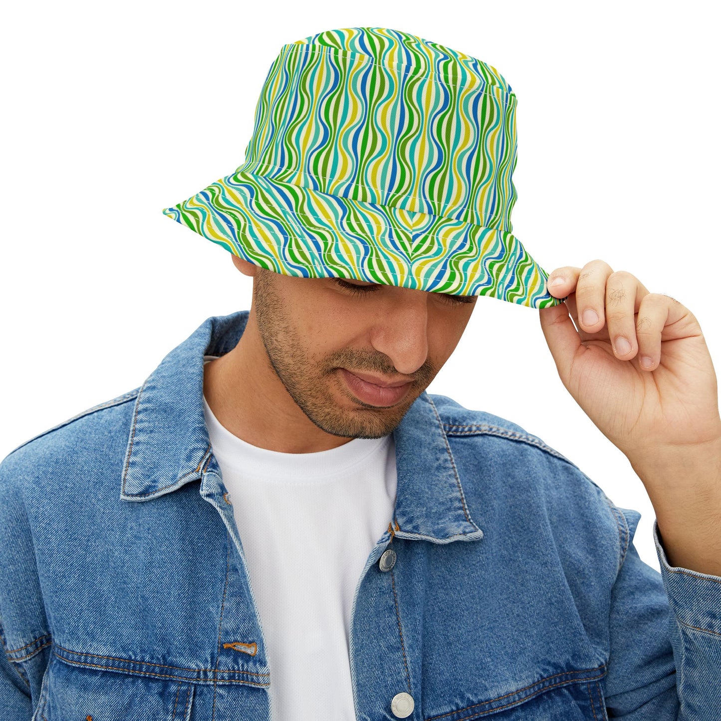 Green Wave Pattern Bucket Hat — Retro Groovy Summer Sun Hat