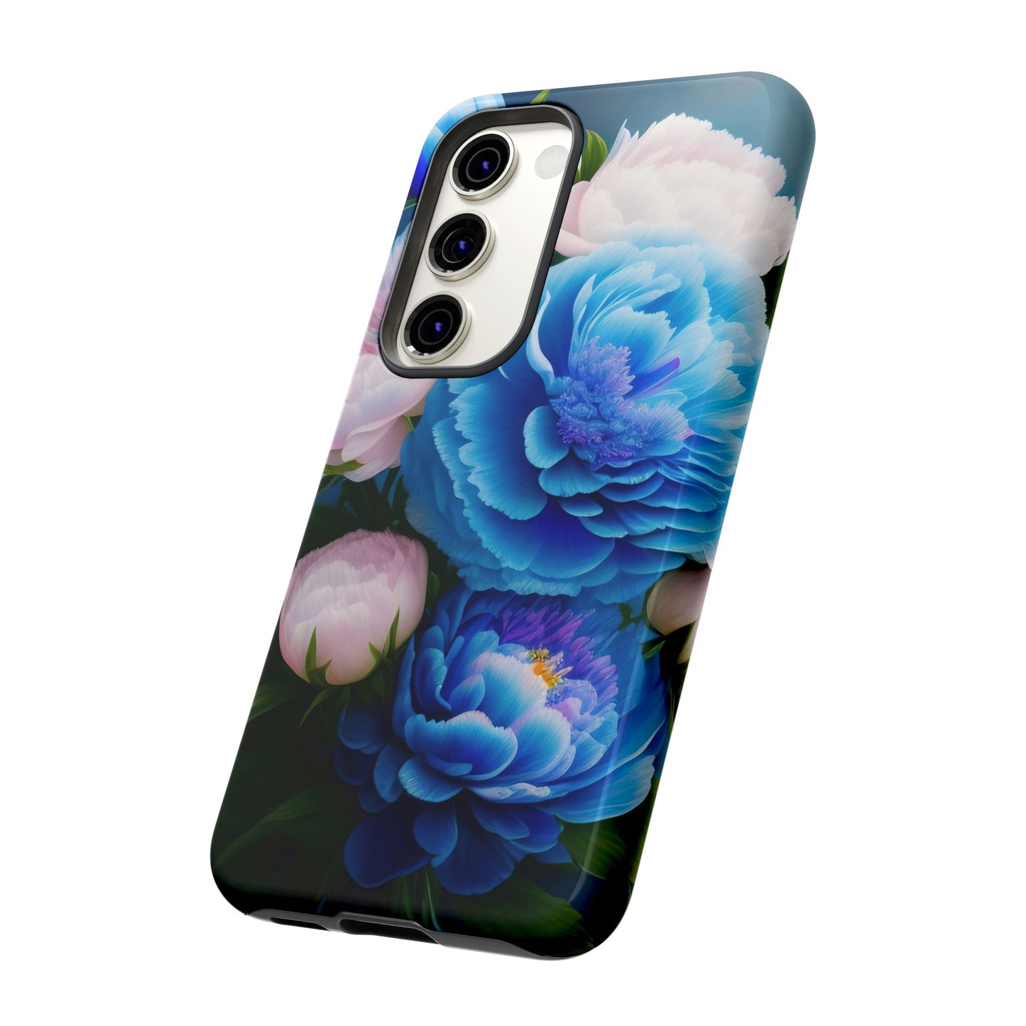 Floral Blue Peony Phone Case — Protective Tough Case with Pink & Blue Blooms