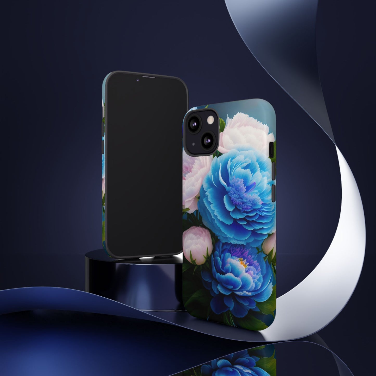 Floral Blue Peony Phone Case — Protective Tough Case with Pink & Blue Blooms