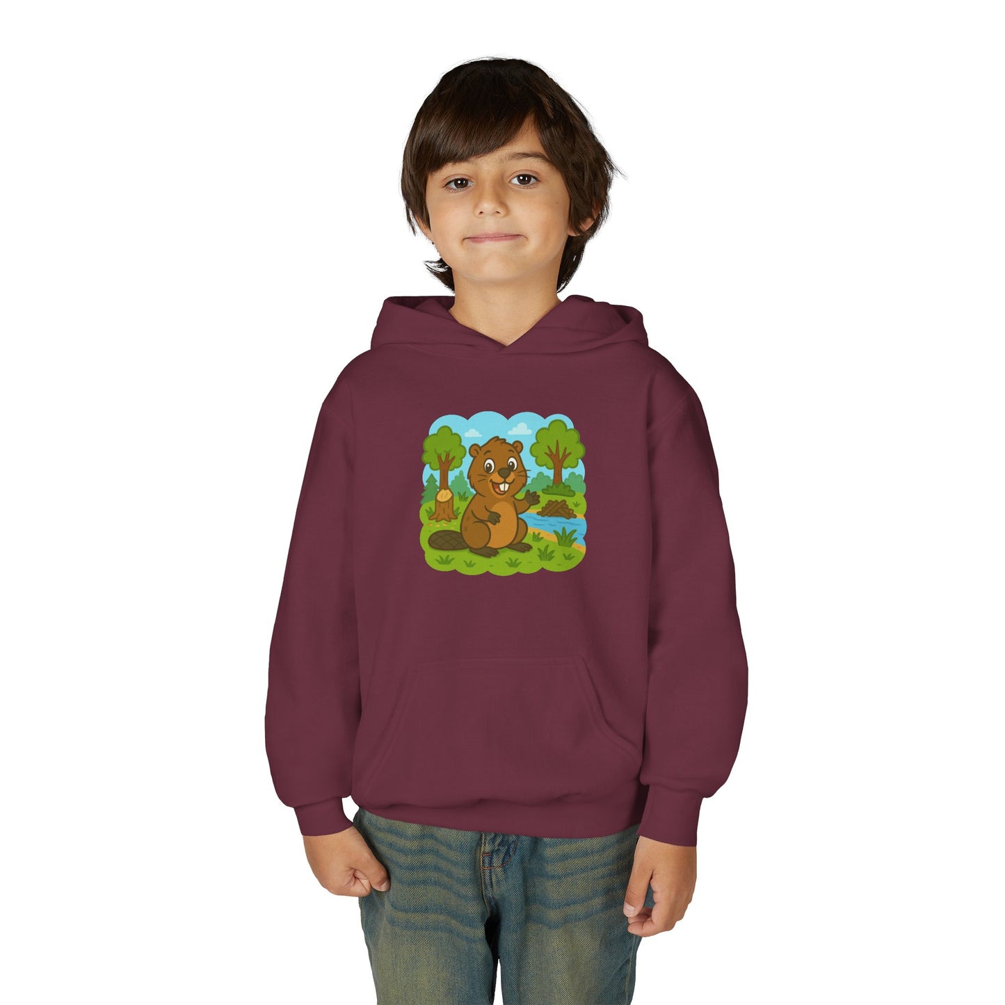 Cartoon Beaver Forest Scene Youth Hoodie | Woodland Animal Kids Sweatshirt