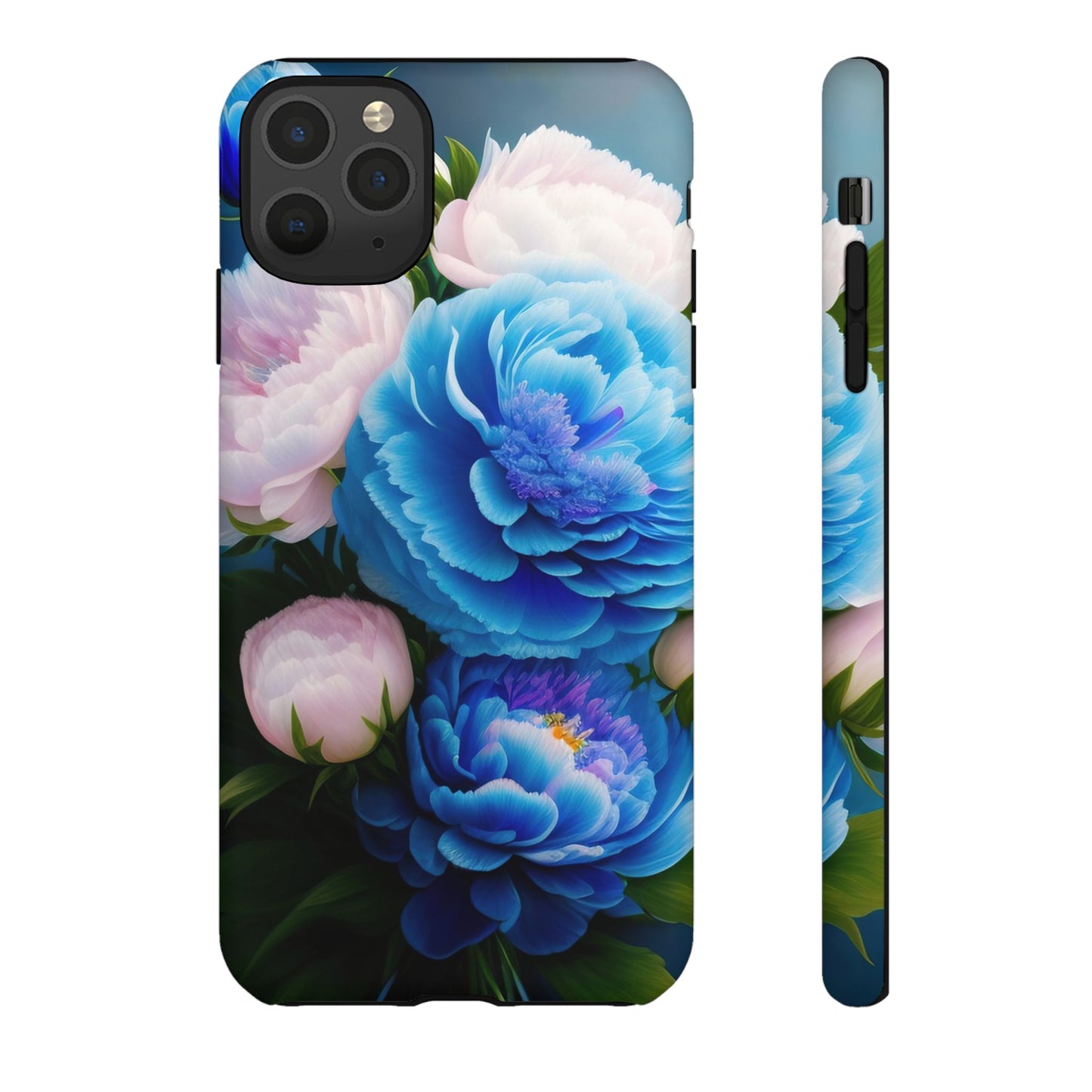 Floral Blue Peony Phone Case — Protective Tough Case with Pink & Blue Blooms