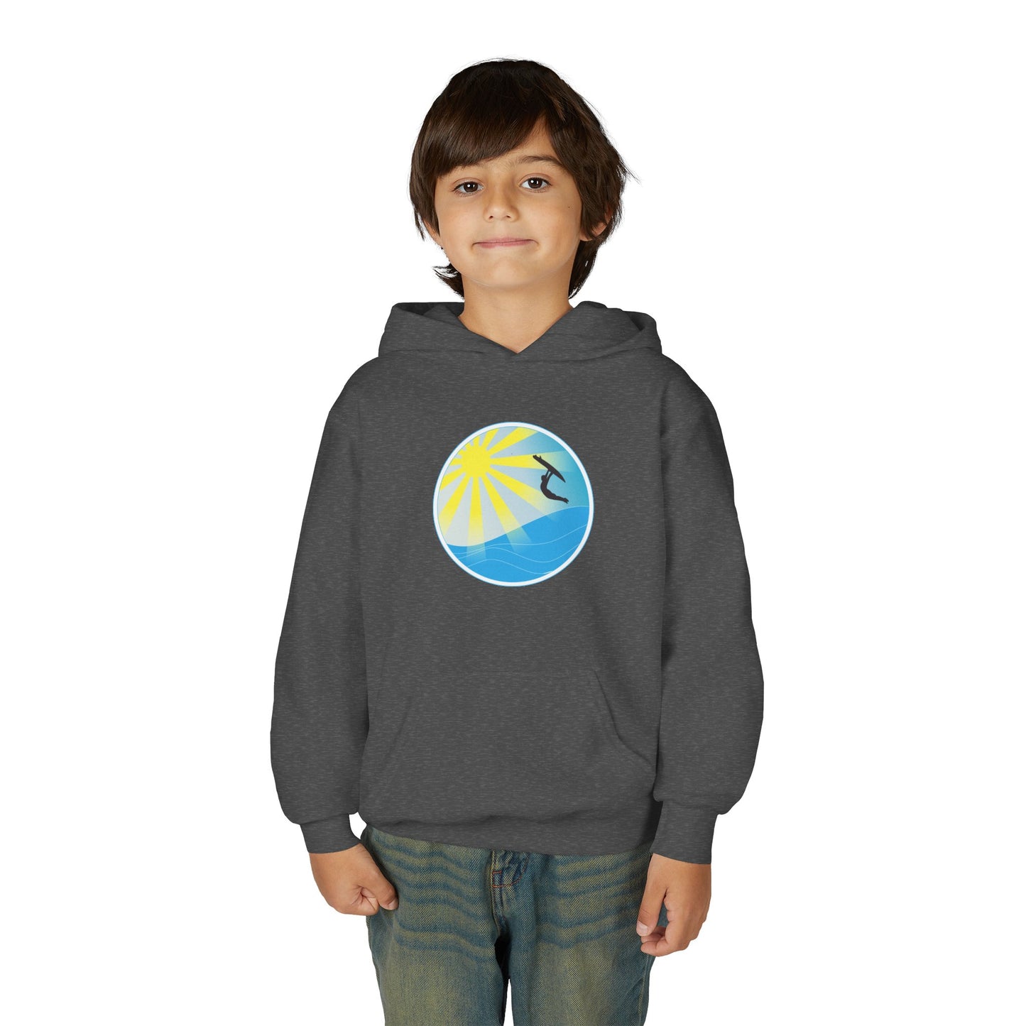 Sunrise Surf Circle Youth Hoodie | Surfing Wave Graphic