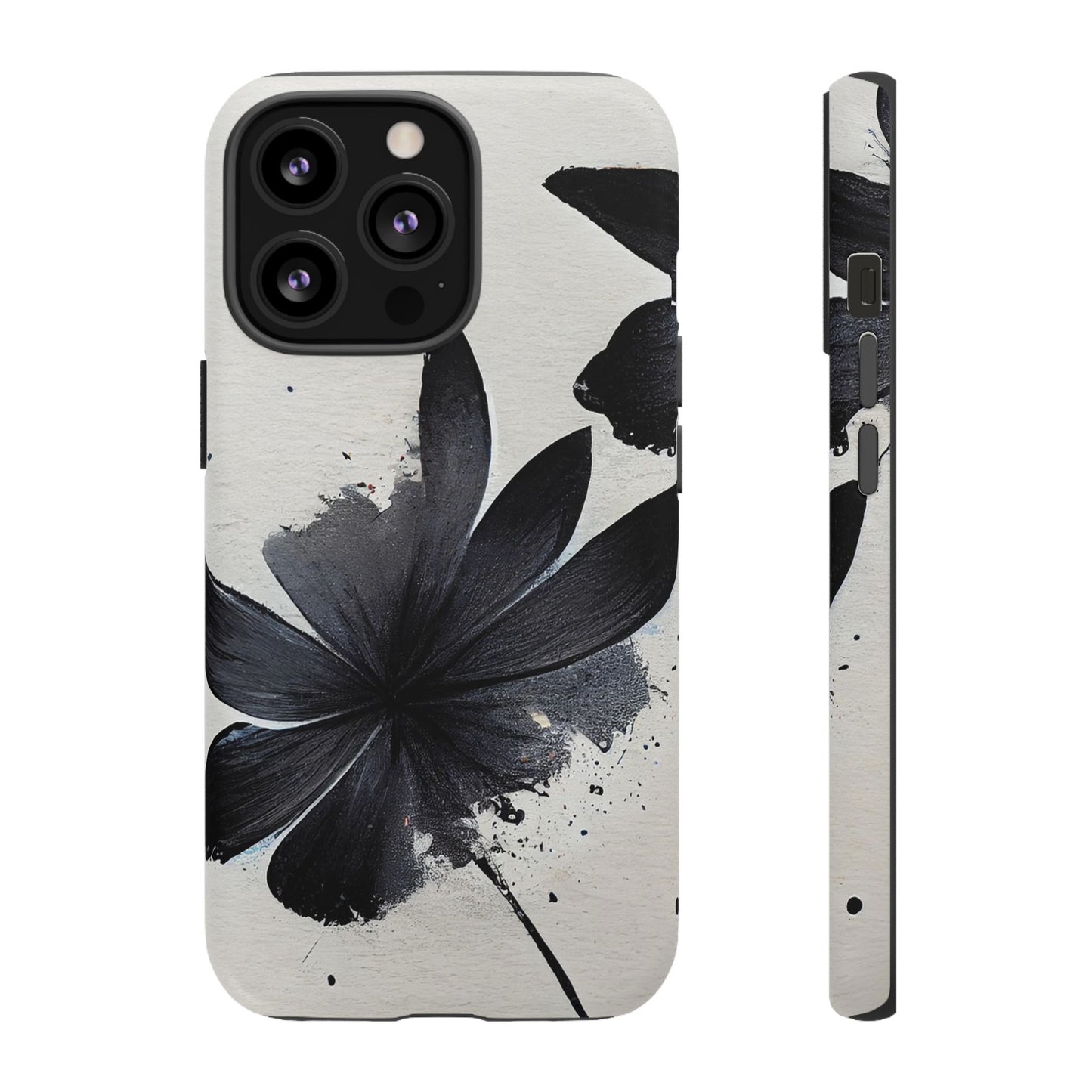 Monochrome Floral Tough Phone Case — Black Ink Flower Protective Cover