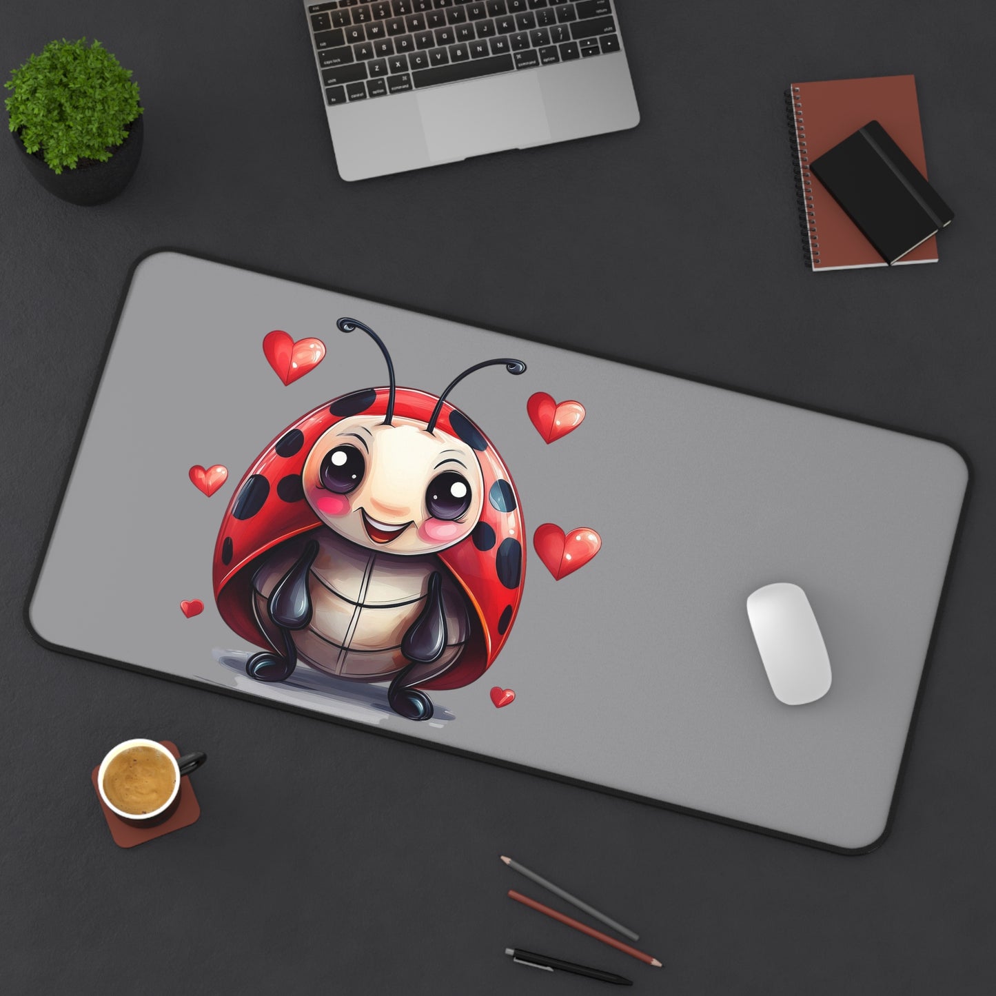 Cute Ladybug Desk Mat — Playful Mouse Pad with Heart Cartoon Design