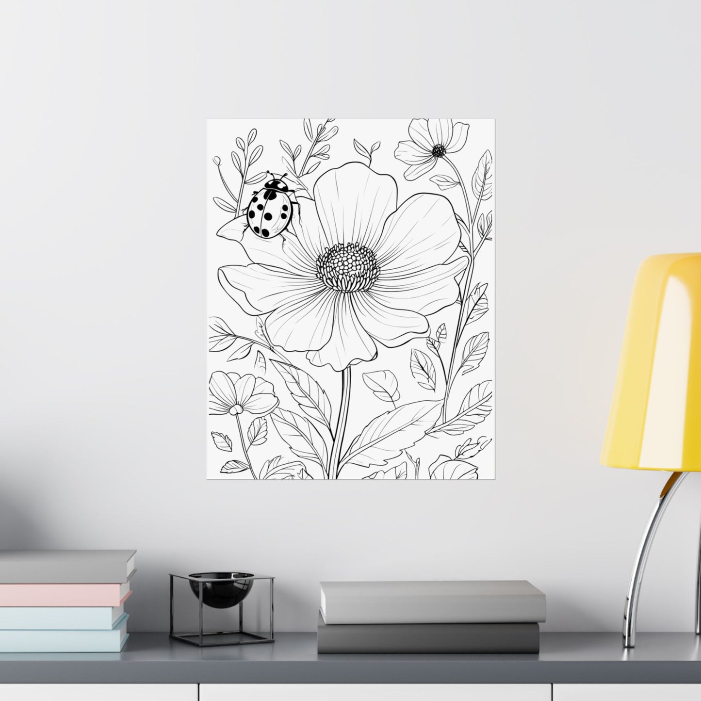 Botanical Ladybug Matte Poster — Floral Line Art Vertical Wall Print