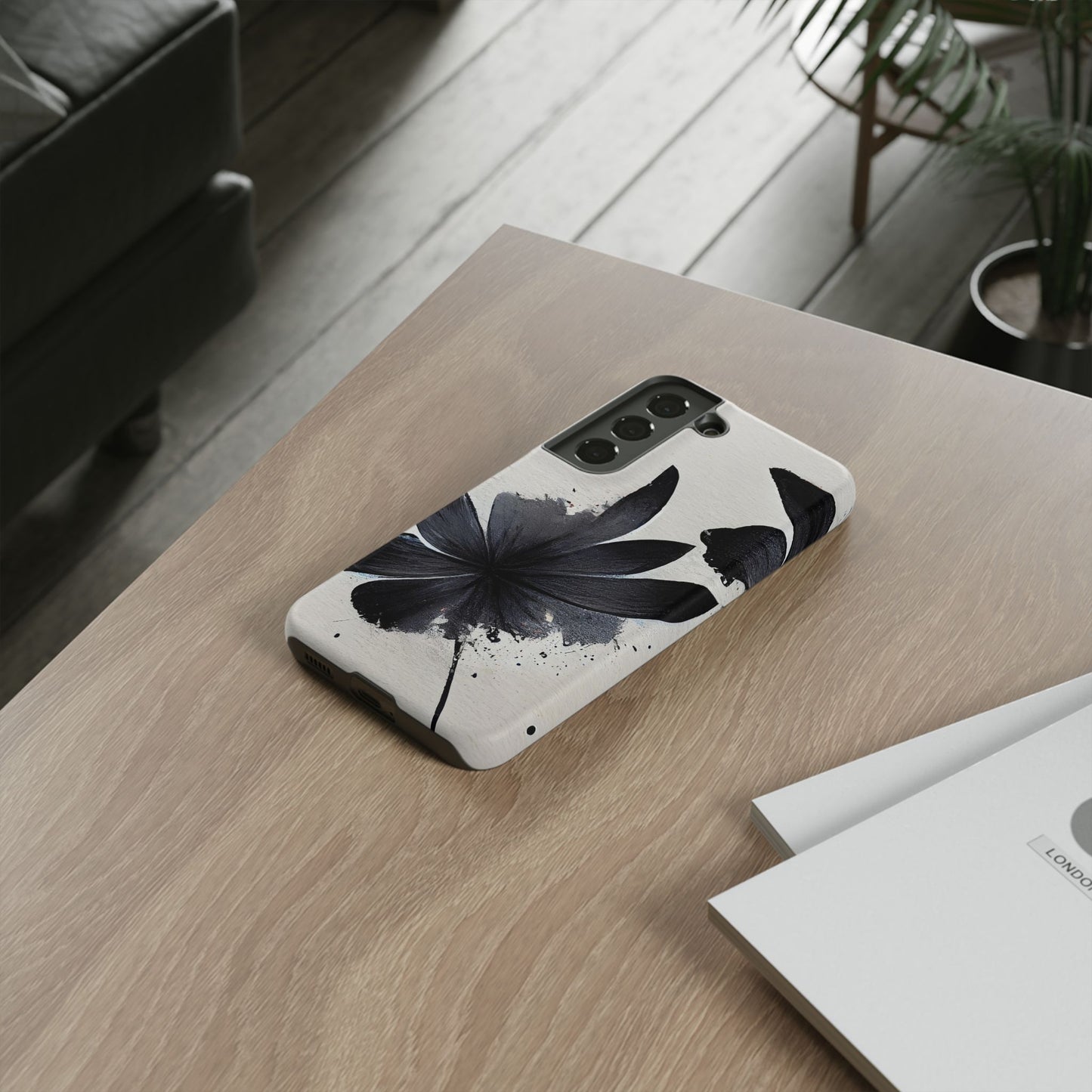 Monochrome Floral Tough Phone Case — Black Ink Flower Protective Cover