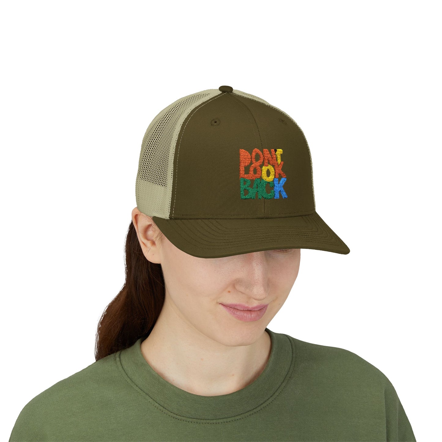 Don’t Look Back Snapback Trucker Cap — Retro Rainbow Embroidered Hat