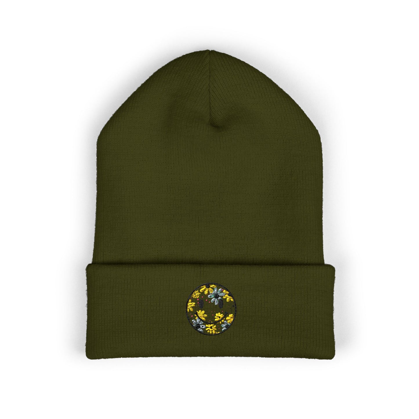 Smiley Daisy Embroidered Beanie — Cute Floral Smile Patch Cuffed Hat