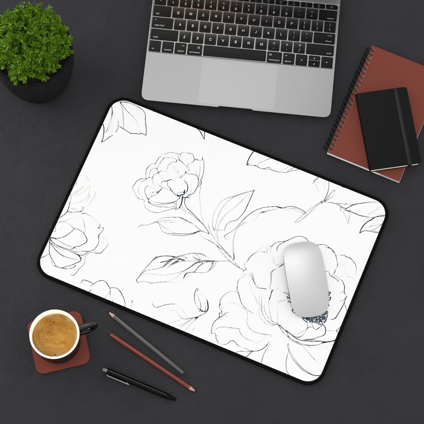 Floral Sketch Desk Mat — Minimal Black & White Blossom Mousepad