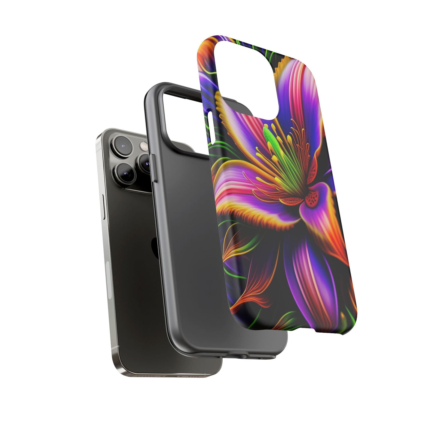Floral Neon Tough Phone Case — Vivid Purple & Orange Lily Protective Cover