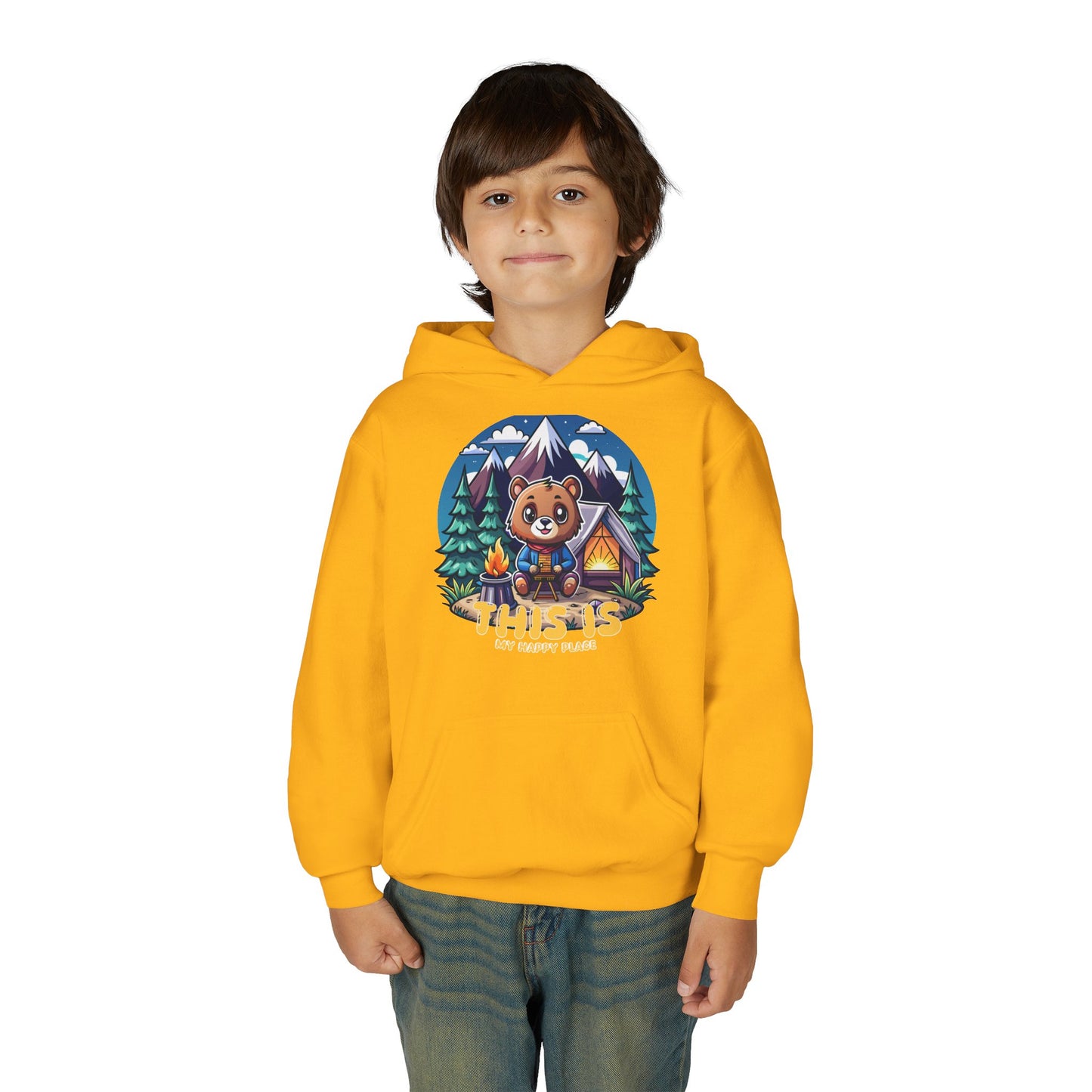 Youth Bear Camping Hoodie — "This is My Happy Place" Cozy Kid’s Outdoor Sweatshirt
