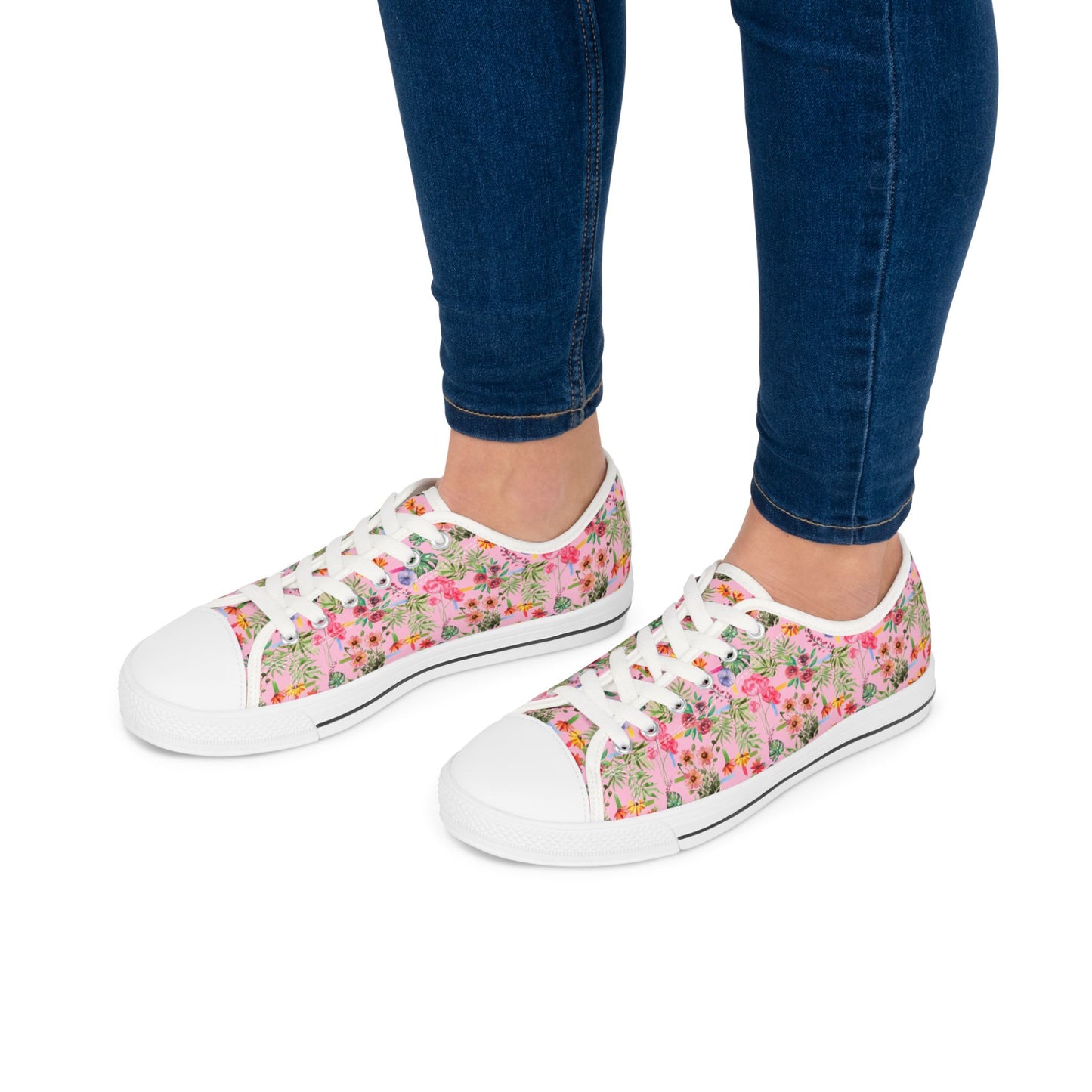 Floral Pink Low Top Sneakers — Women's Garden Print Casual Shoes