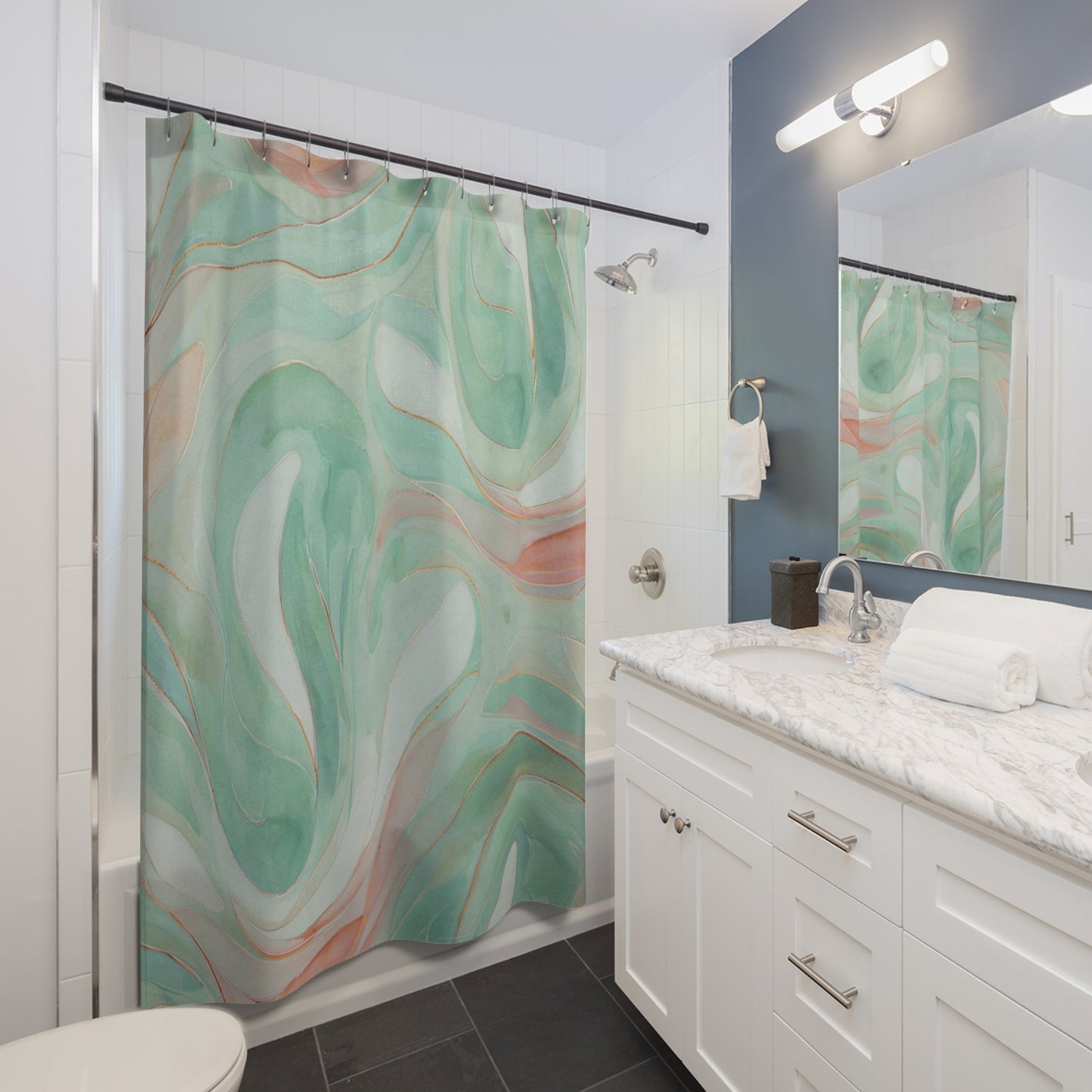 Aqua Marble Shower Curtain — Mint Green & Coral Swirl Bathroom Decor