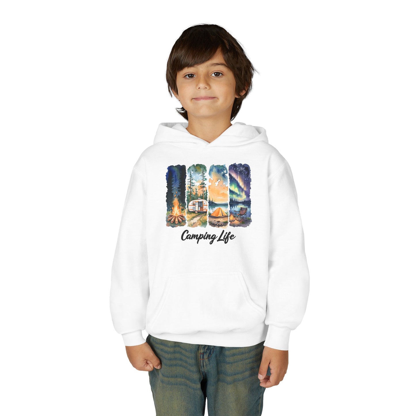 Youth Camping Life Hoodie — Scenic Campfire, Tent & Camper Pullover
