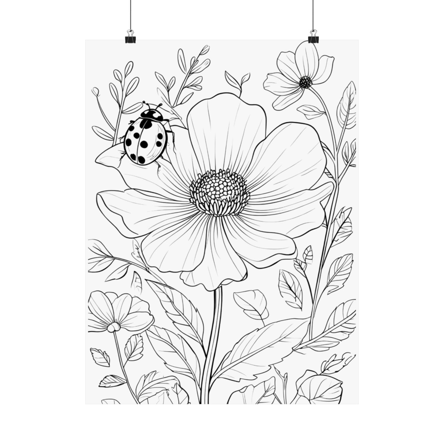 Botanical Ladybug Matte Poster — Floral Line Art Vertical Wall Print