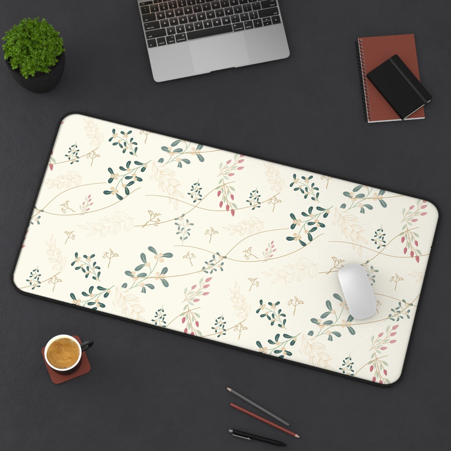 Floral Vine Desk Mat — Cream Botanical Mouse Pad for Home Office
