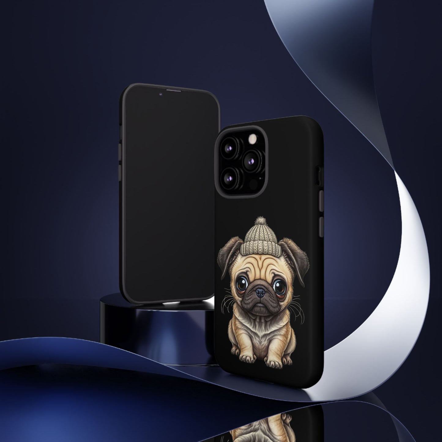 Pug Phone Case – Cute Pug Puppy Illustration on Black Tough Case