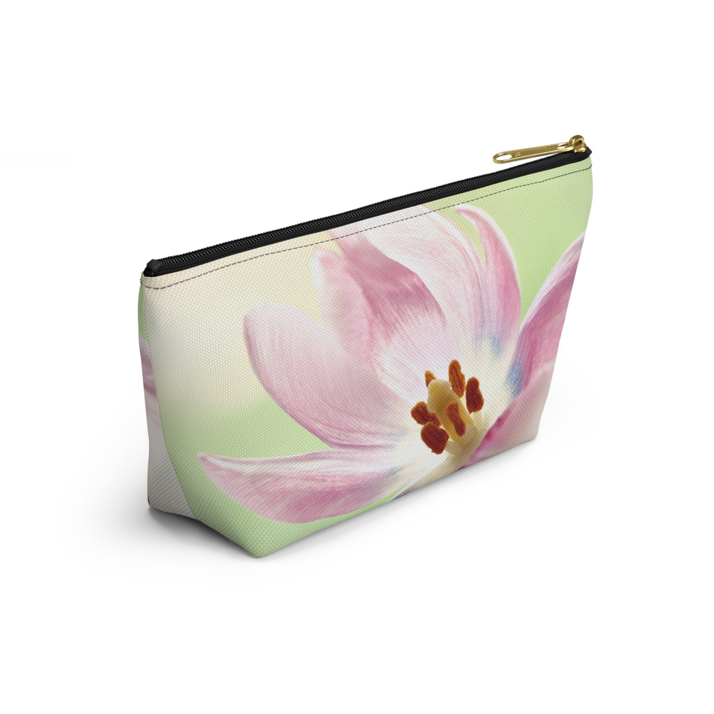 Pink Tulip Floral Accessory Pouch — Cosmetic Makeup Bag with T-Bottom