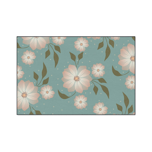 Floral Heavy-Duty Floor Mat — Teal Pastel Blossom Rug for Entryway & Kitchen