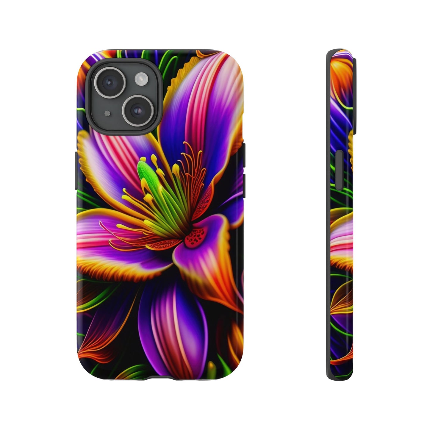 Floral Neon Tough Phone Case — Vivid Purple & Orange Lily Protective Cover