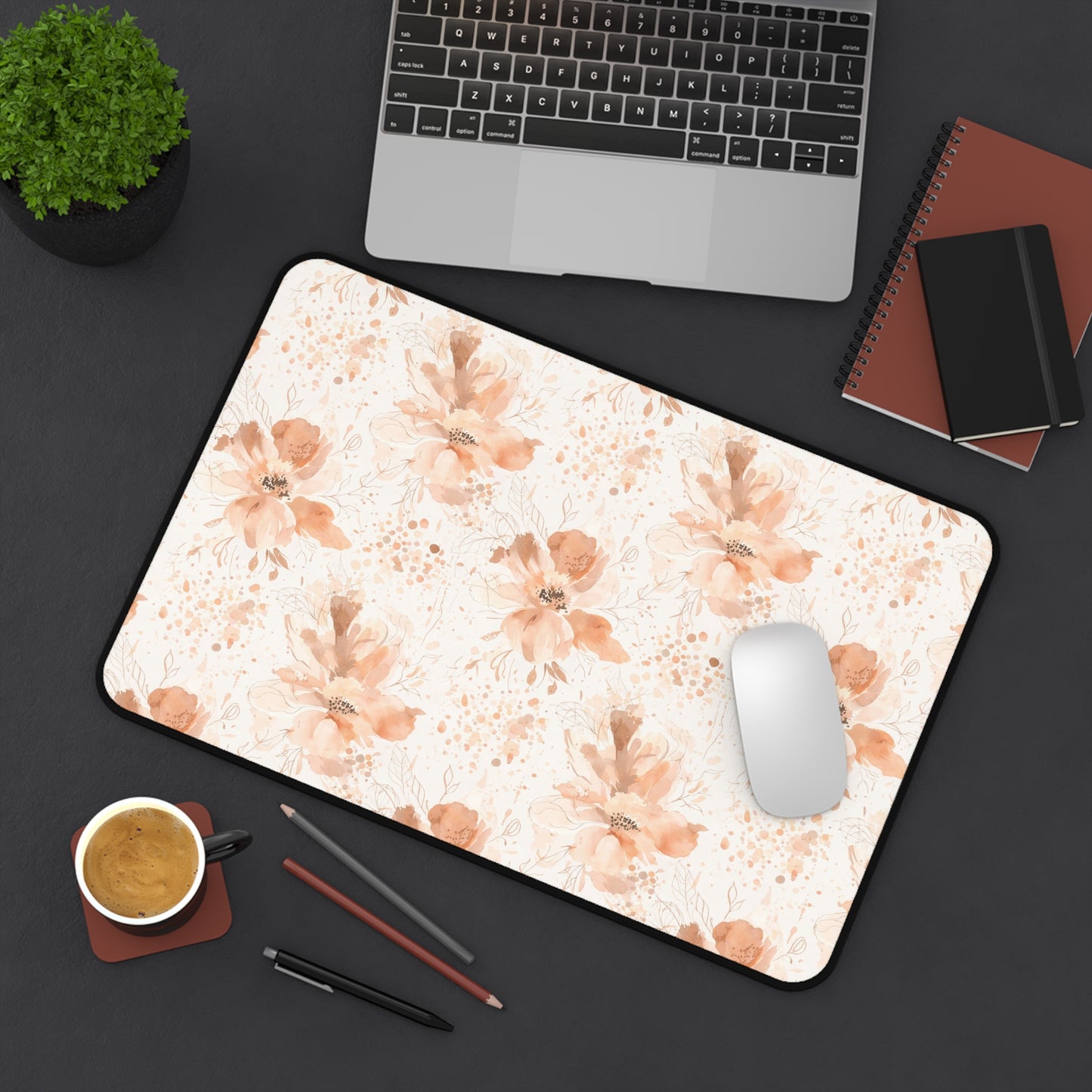 Floral Desk Mat — Soft Peach Watercolor Blossoms Mouse Pad