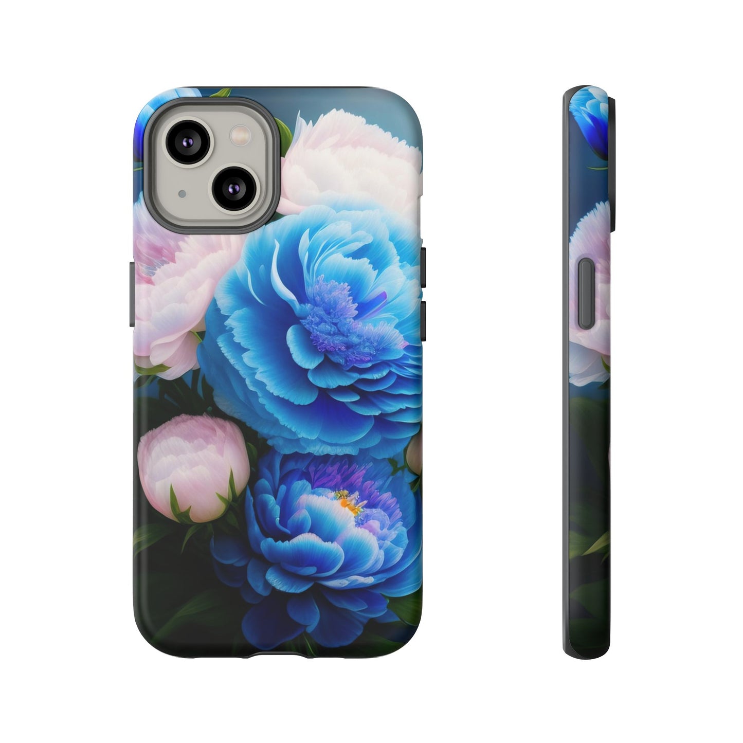 Floral Blue Peony Phone Case — Protective Tough Case with Pink & Blue Blooms
