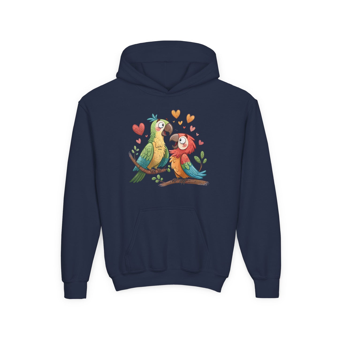 Youth Hoodie — Cute Parrot Couple Illustration (Hearts, Kids Pullover)