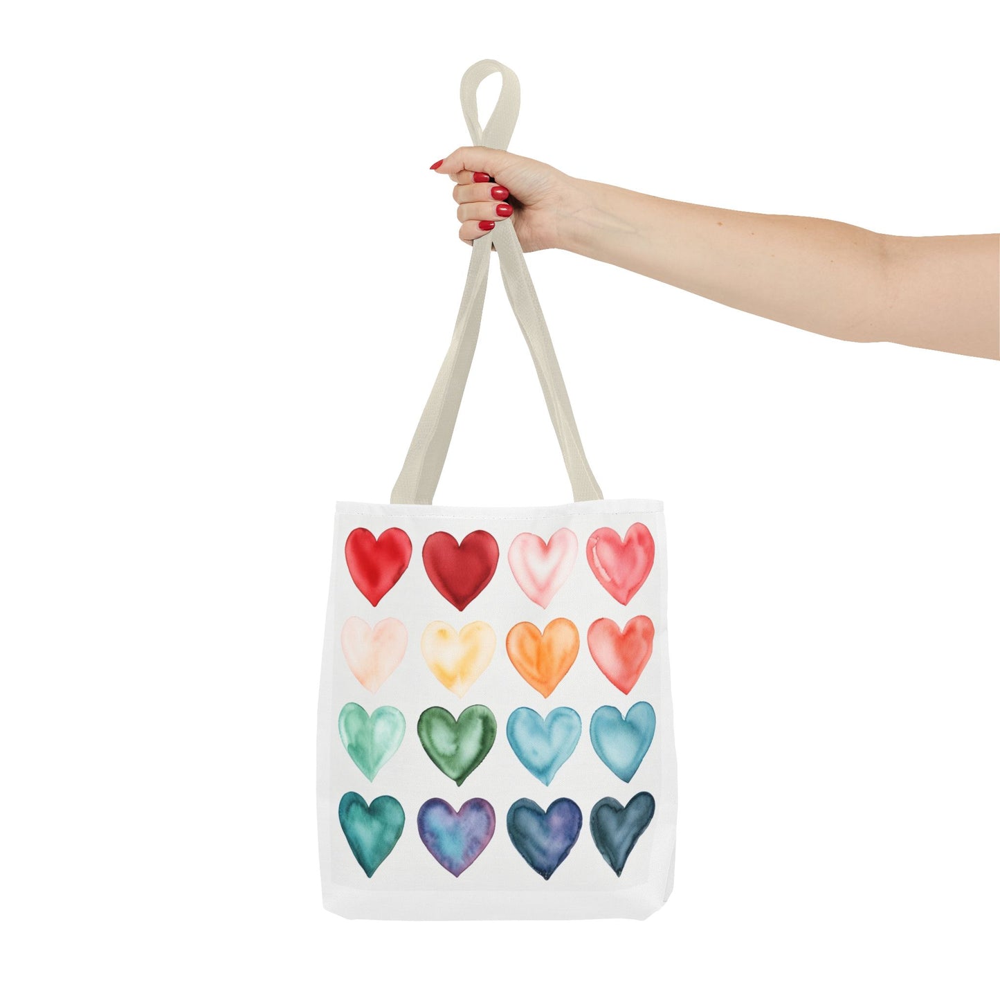 Watercolor Rainbow Hearts Tote Bag — Colorful Heart Pattern Beach & Market Tote