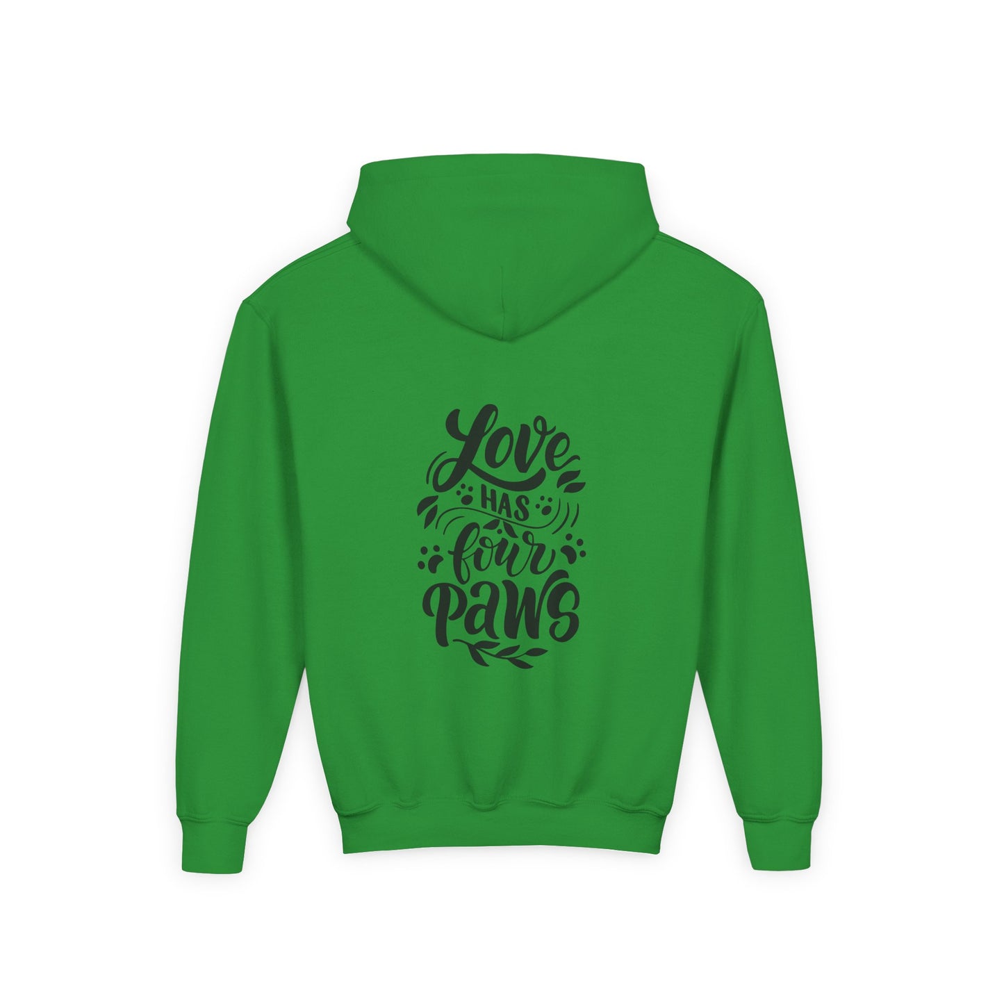 Youth Hoodie — Cute Black Shih Tzu with “Love Has Four Paws” Back Print
