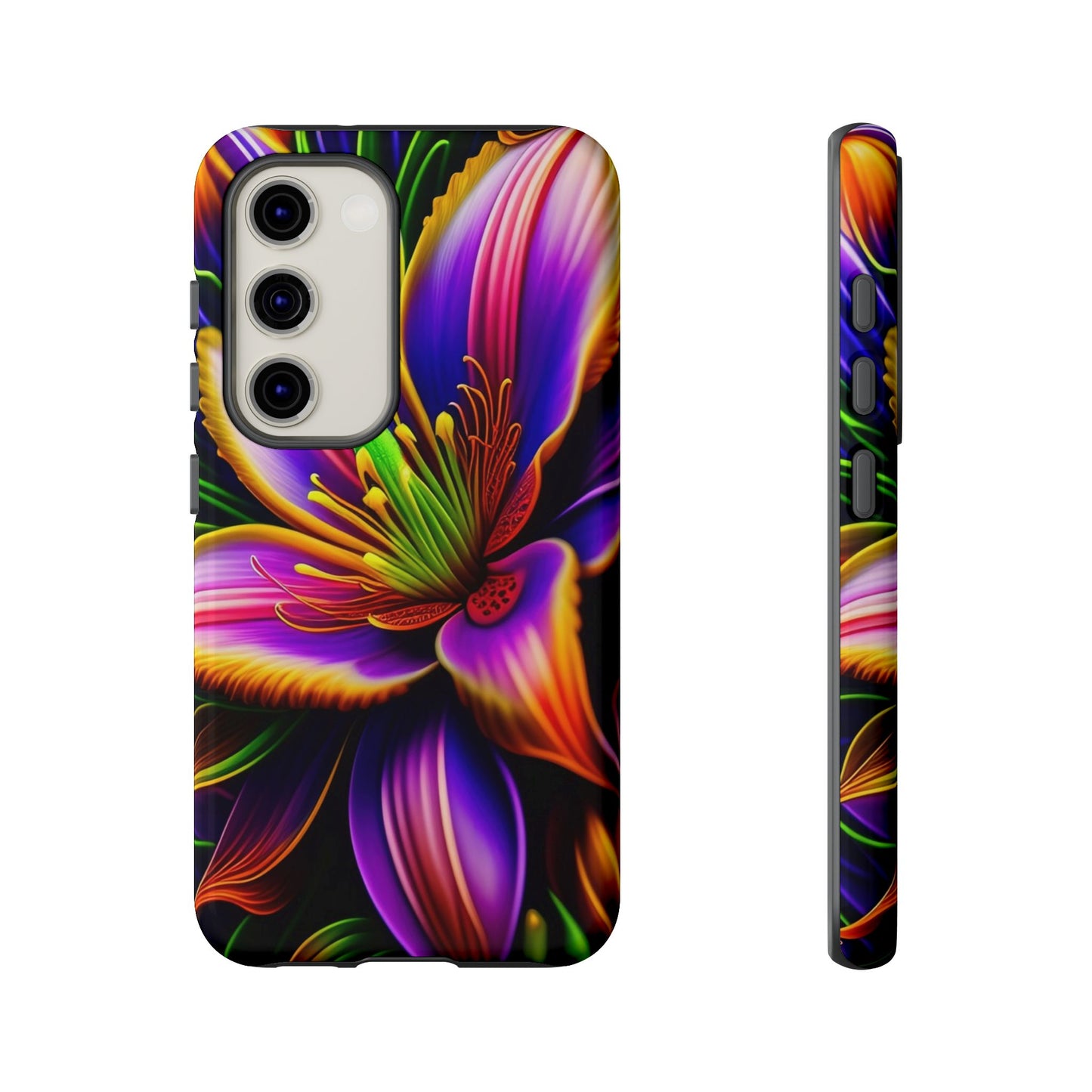 Floral Neon Tough Phone Case — Vivid Purple & Orange Lily Protective Cover