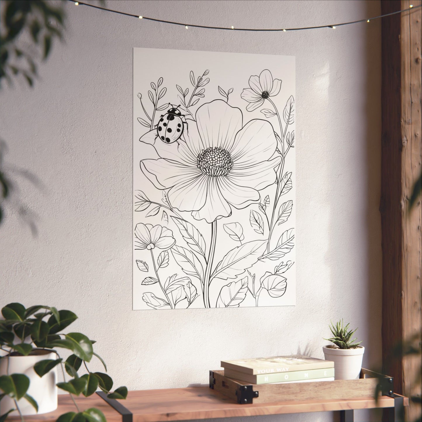 Botanical Ladybug Matte Poster — Floral Line Art Vertical Wall Print
