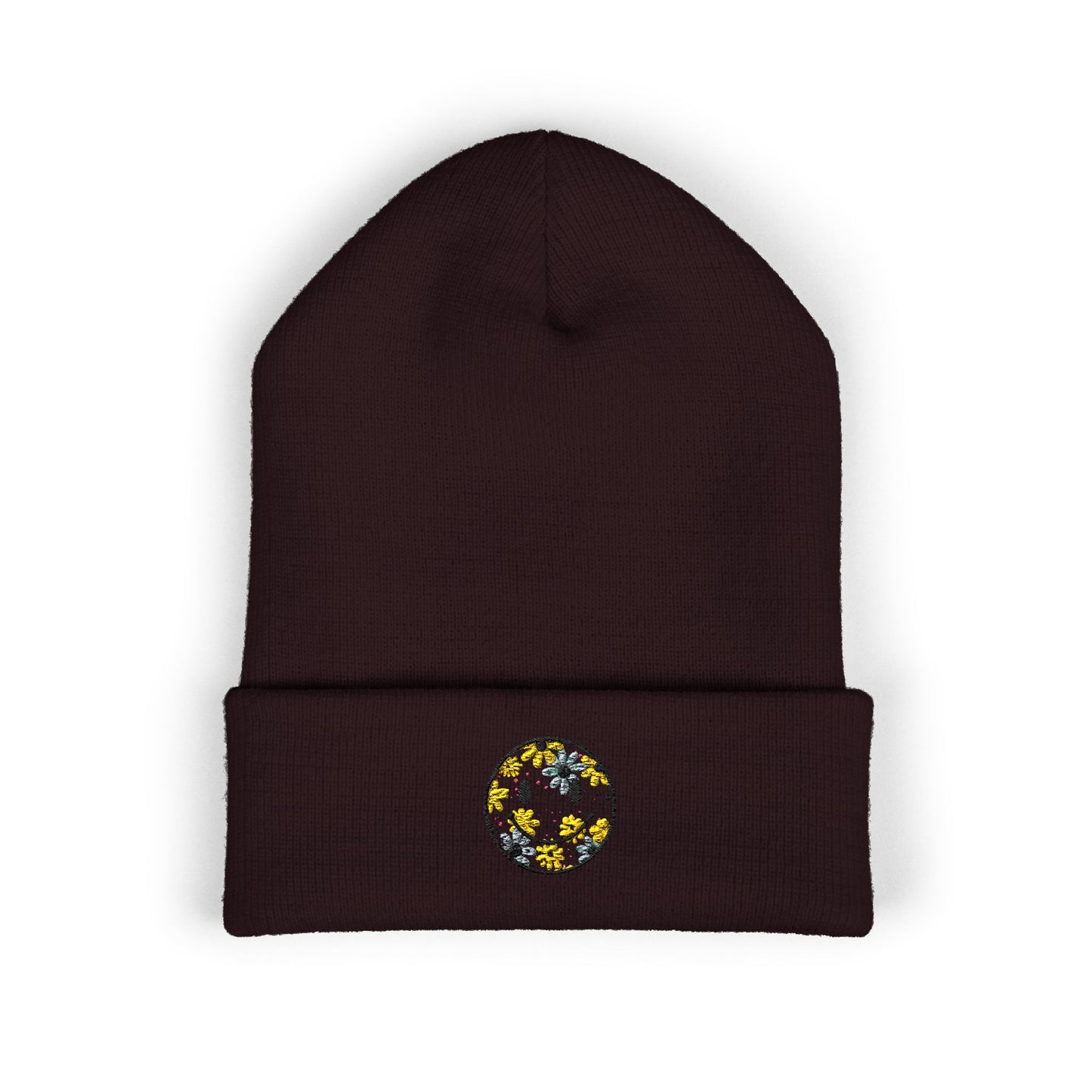 Smiley Daisy Embroidered Beanie — Cute Floral Smile Patch Cuffed Hat