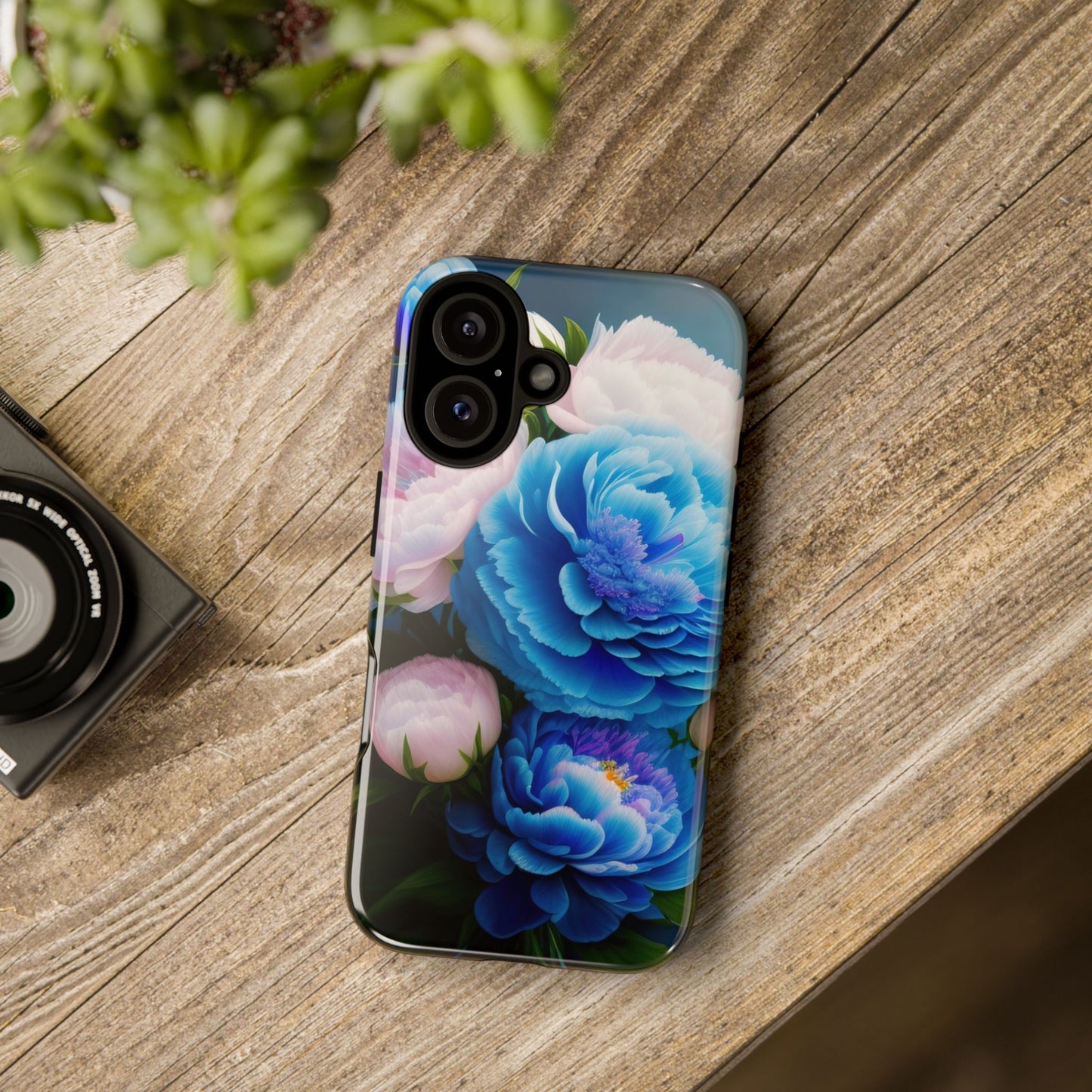 Floral Blue Peony Phone Case — Protective Tough Case with Pink & Blue Blooms