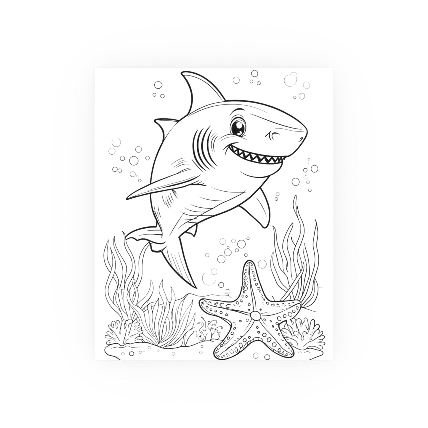 Cute Shark Coloring Poster — Satin & Archival Matte Ocean Print for Kids’ Rooms