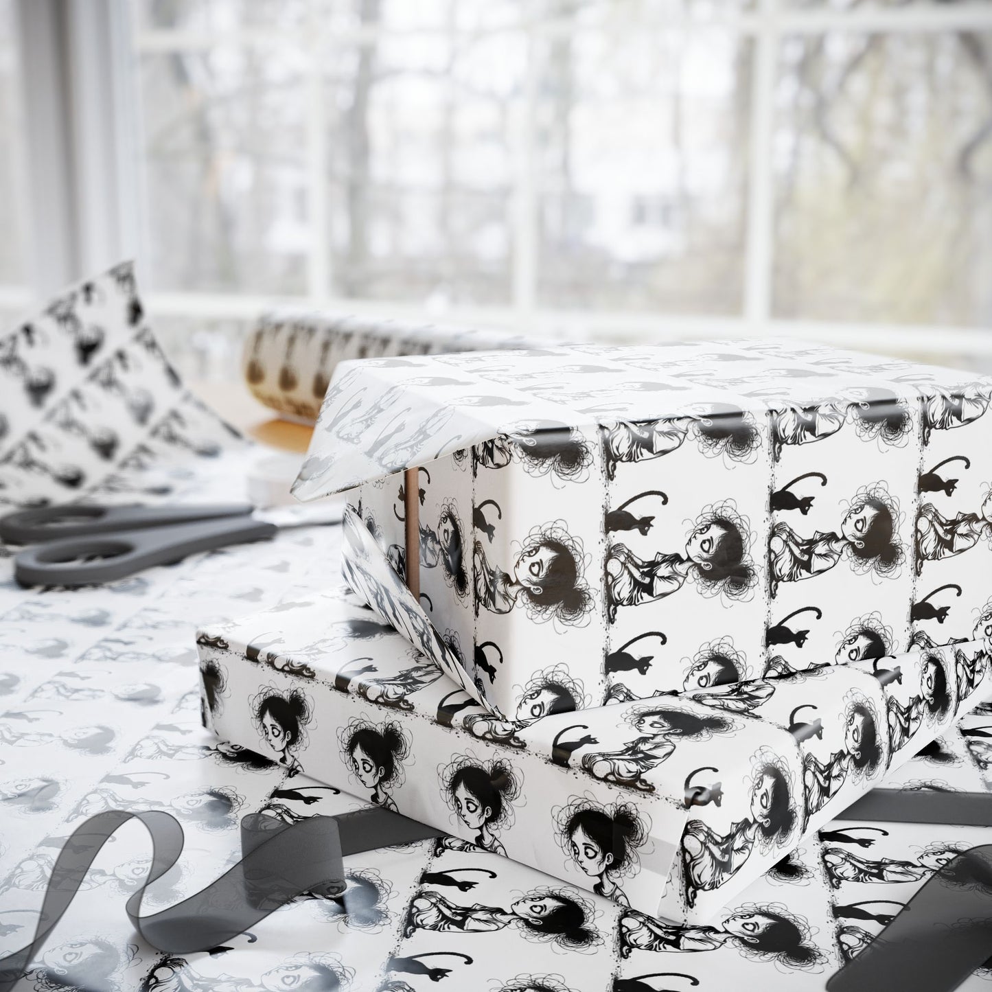 Wrapping Paper Roll — Black & White Repeating Eye Pattern
