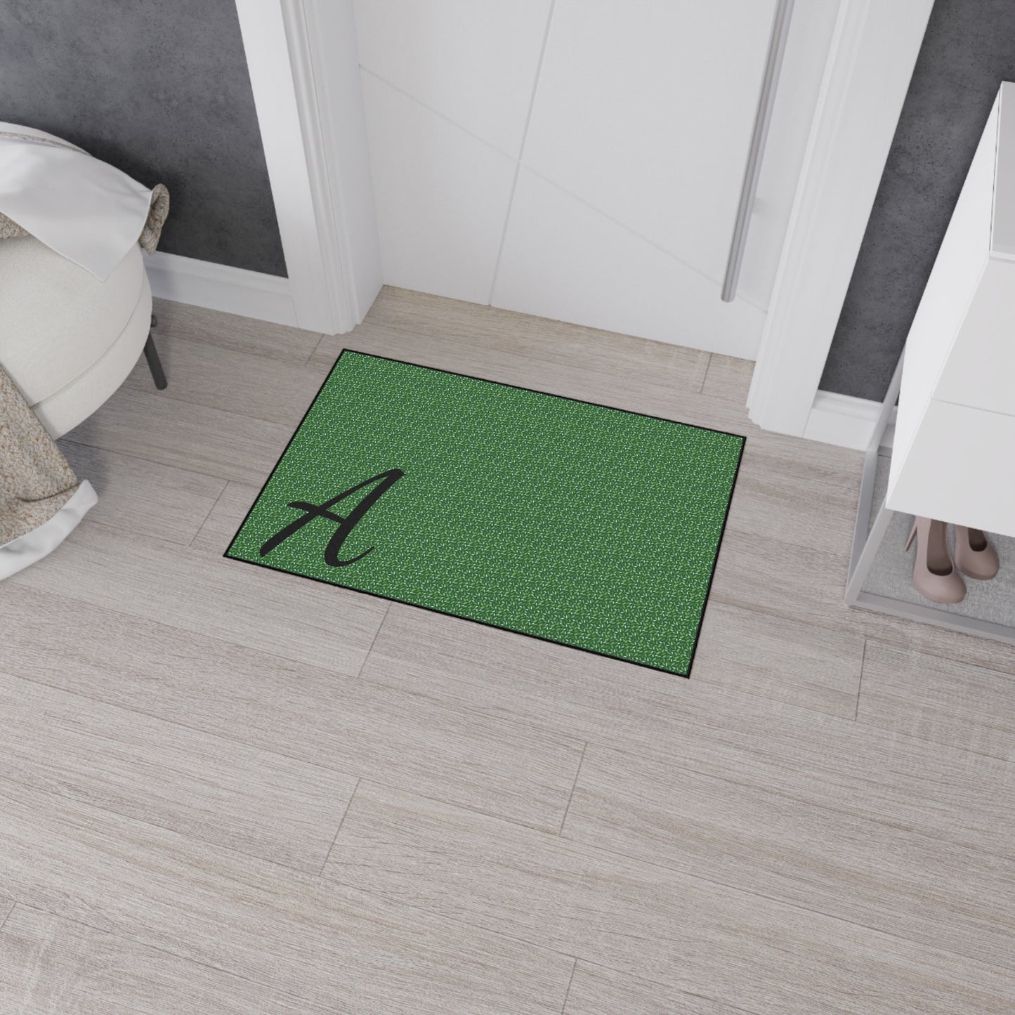 Monogram Heavy-Duty Floor Mat — Green Textured Doormat with Script "A"