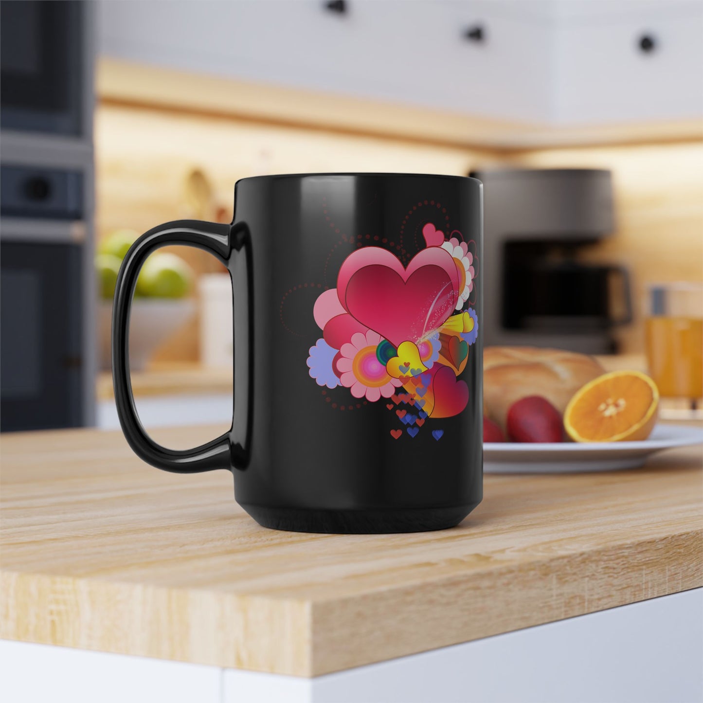 15oz Black Mug — Colorful Heart Floral Love Design