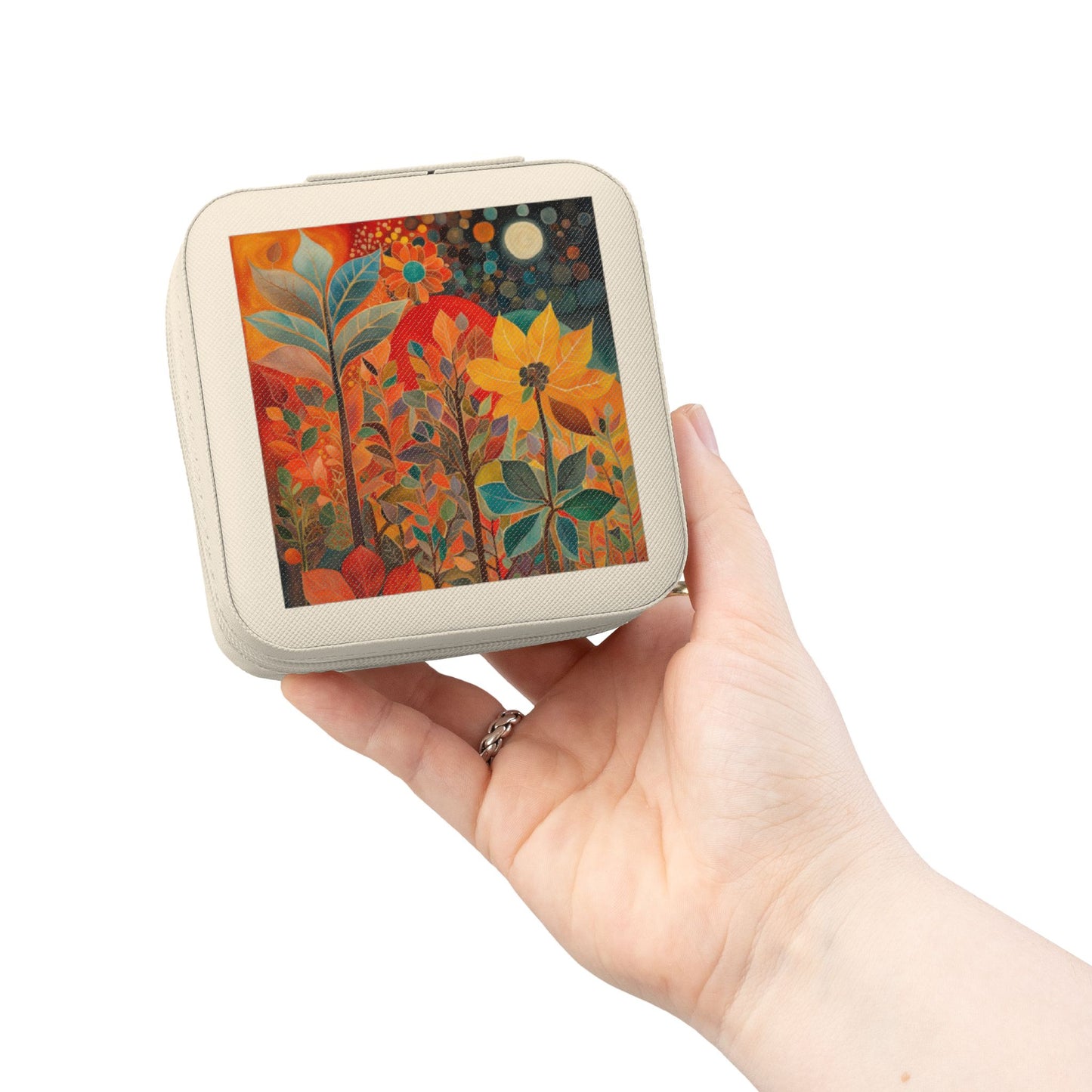 Floral Sunset Jewelry Travel Case — Compact Organizer for Rings, Earrings & Necklaces