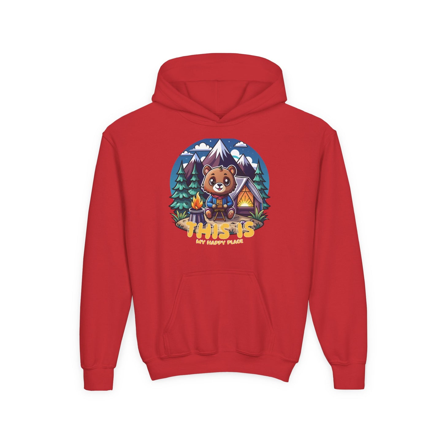 Youth Bear Camping Hoodie — "This is My Happy Place" Cozy Kid’s Outdoor Sweatshirt