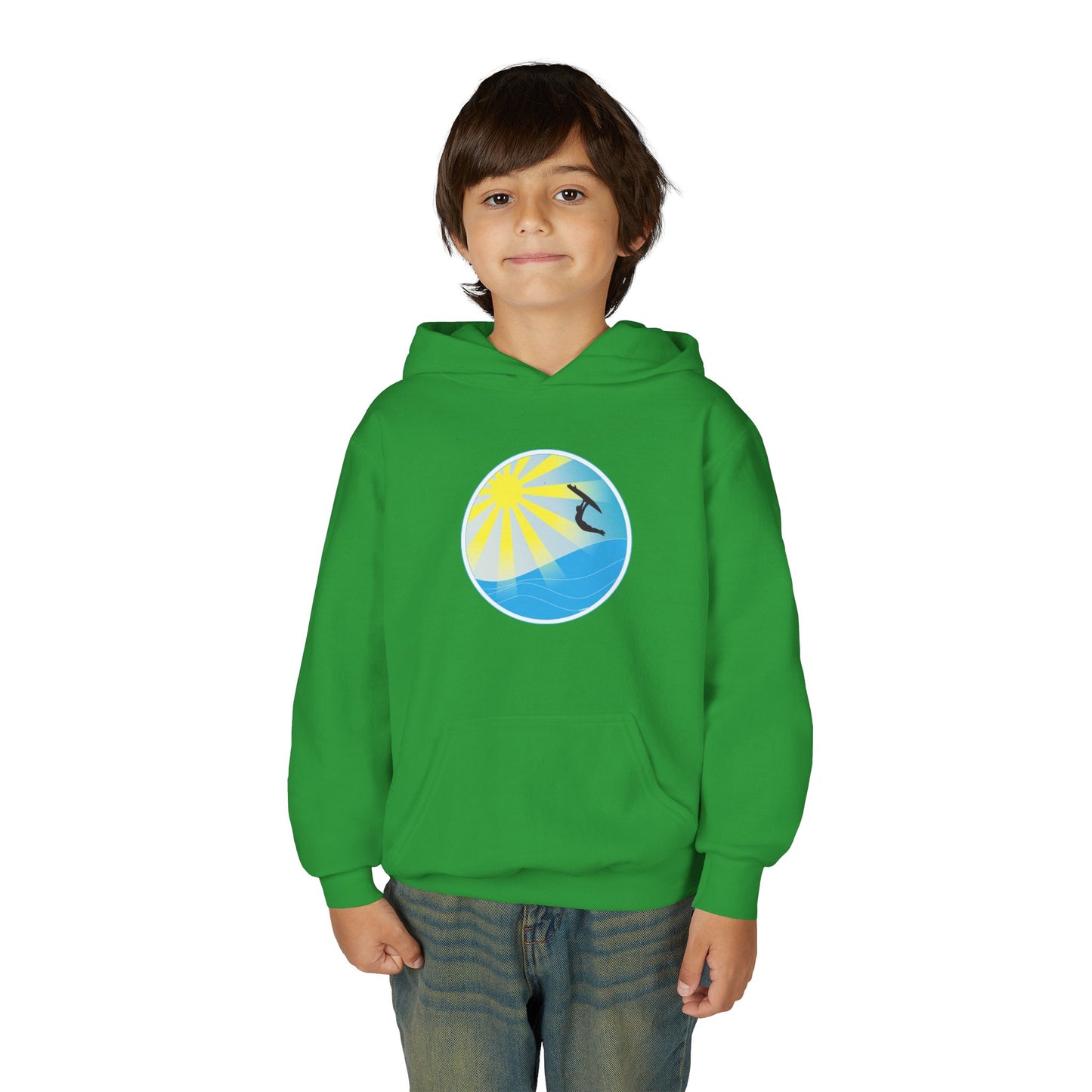 Sunrise Surf Circle Youth Hoodie | Surfing Wave Graphic