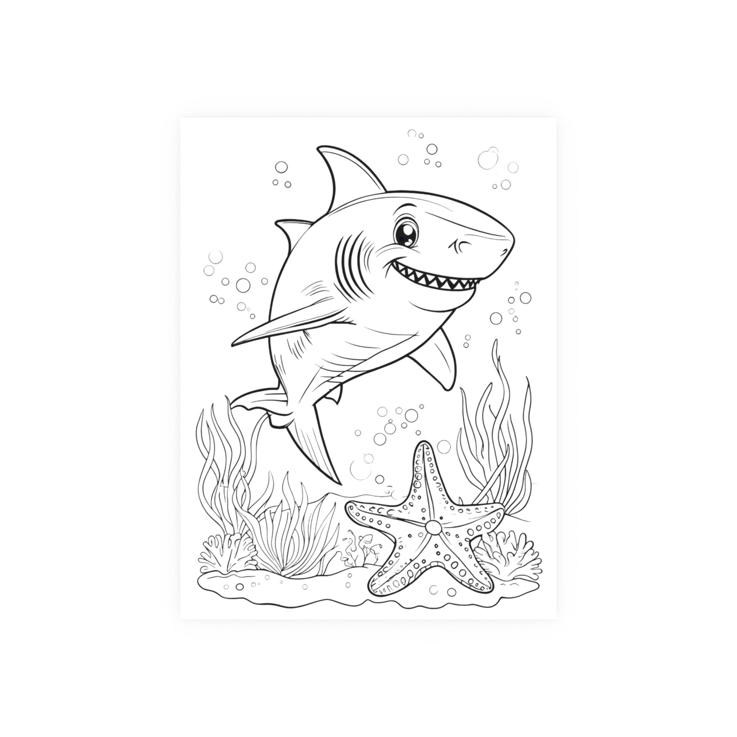 Cute Shark Coloring Poster — Satin & Archival Matte Ocean Print for Kids’ Rooms