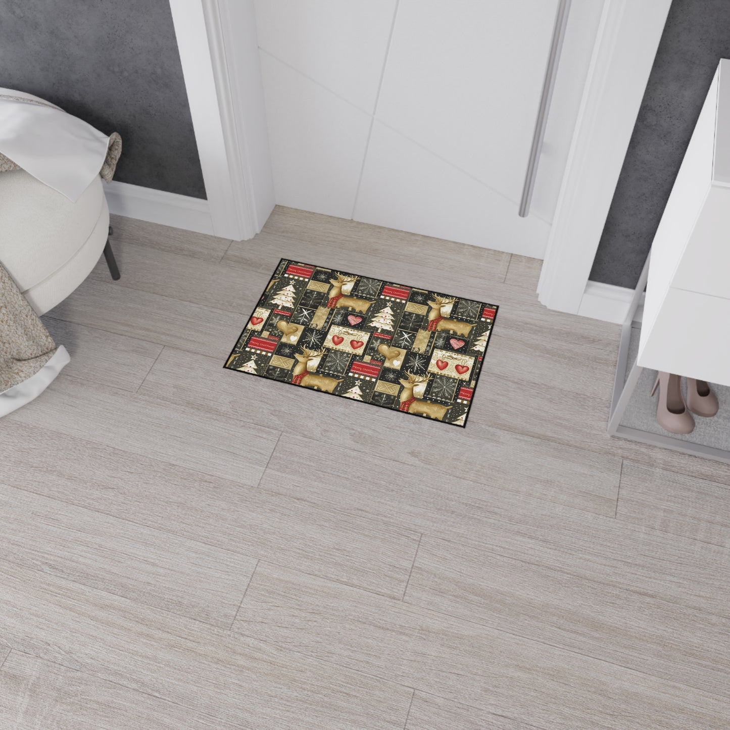 Christmas Reindeer Patchwork Floor Mat — Heavy Duty Holiday Entry Rug