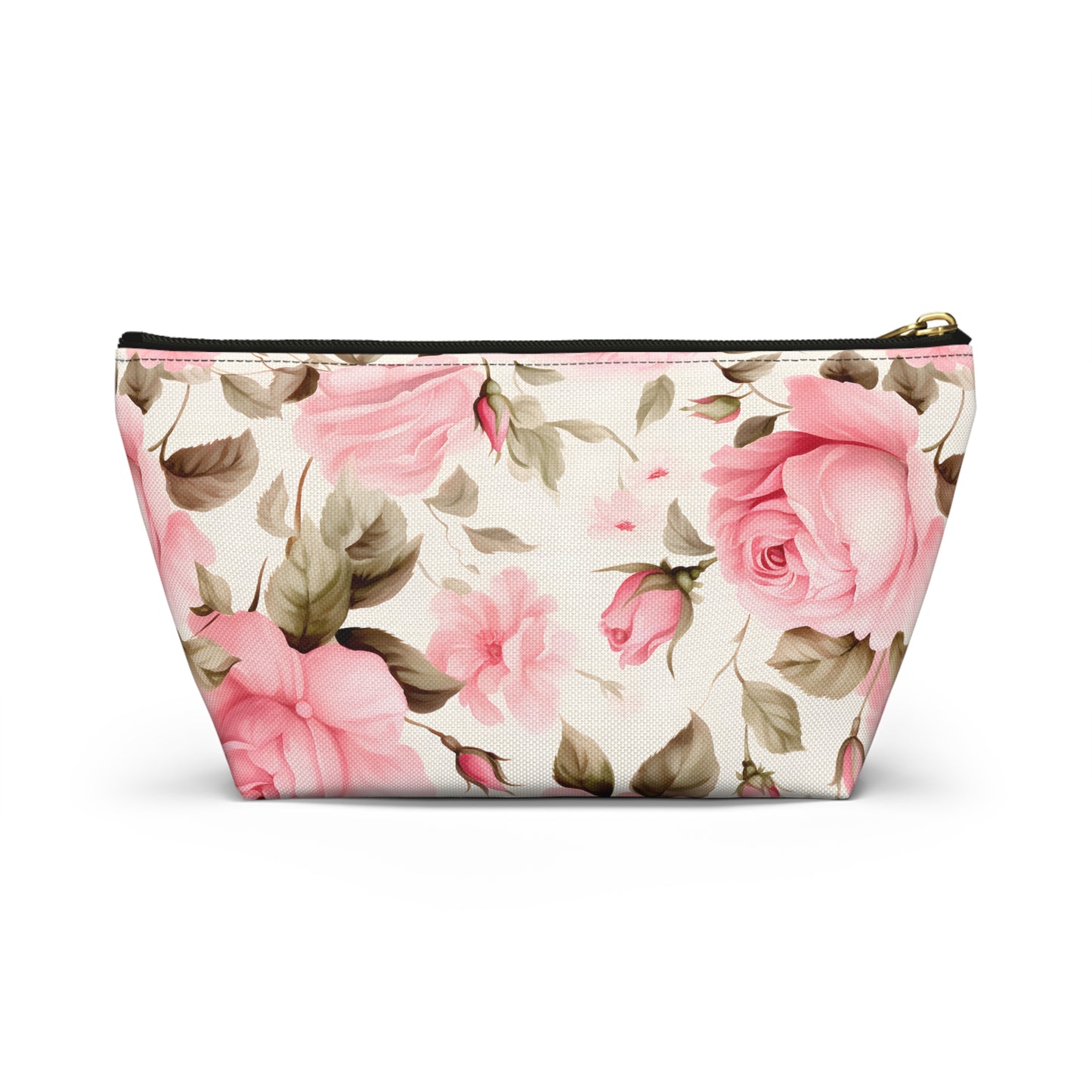 Floral Rose Accessory Pouch - Pink Vintage Cosmetic Bag with T-Bottom