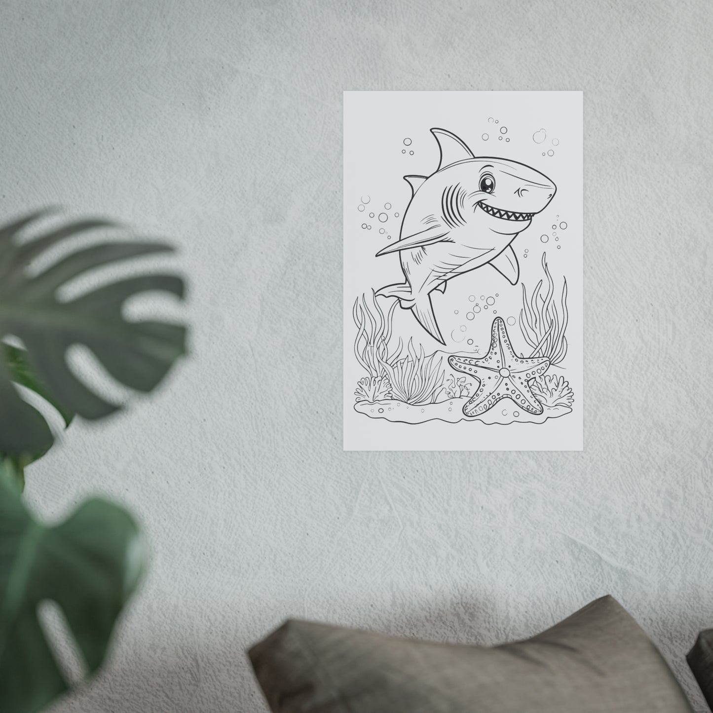Cute Shark Coloring Poster — Satin & Archival Matte Ocean Print for Kids’ Rooms